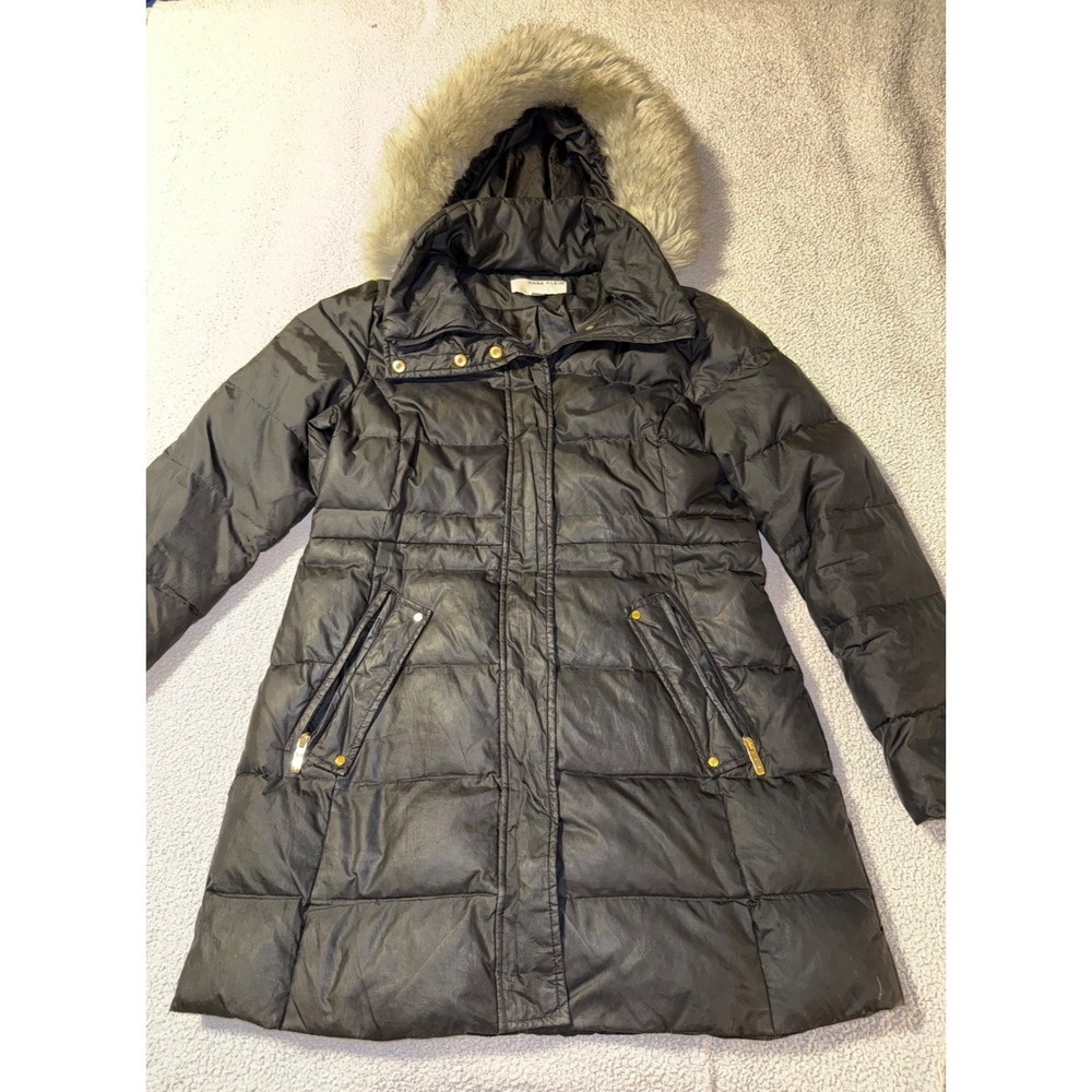 Anne Klein Down Puffer Coat Faux Fur Trimmed Hooded Quilted Back  Size Medium